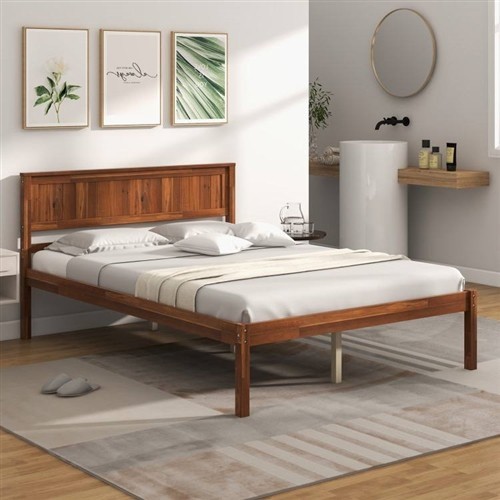Full Size Retro Walnut Wood Platform Bed Frame with Headboard