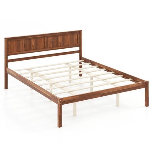 Queen Size Retro Wood Walnut Platform Bed Frame with Headboard