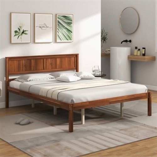 Queen Size Retro Wood Walnut Platform Bed Frame with Headboard