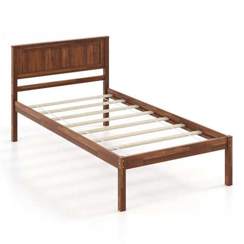 Twin Size Retro Walnut Wood Platform Bed Frame with Headboard