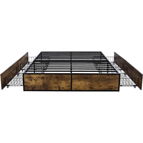 Queen Size Black Metal Platform Bed Frame with 4 Rustic Wood Storage Drawers