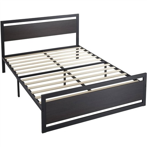 Full Size Black Metal Platform Bed Frame with Black Wood Panel Headboard and Footboard