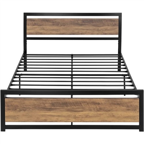 Full Size Black Metal Platform Bed Frame with Light Brown Wood Panel Headboard and Footboard