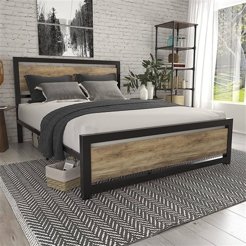 Full Size Black Metal Platform Bed Frame with Light Brown Wood Panel Headboard and Footboard