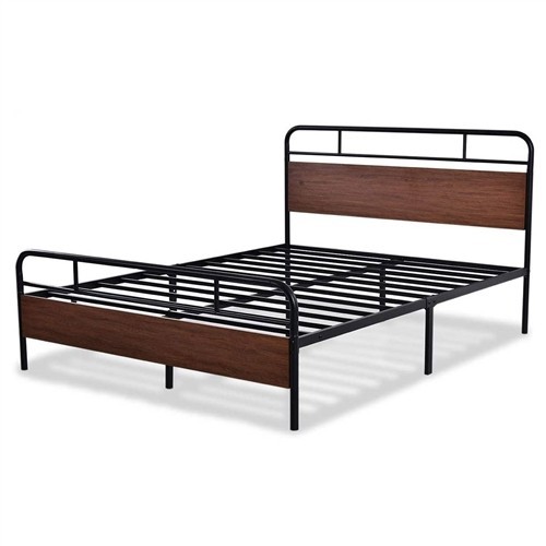 Queen Size Industrial Black Metal Platform Bed Frame with Dark Brown Wood Headboard and Footboard