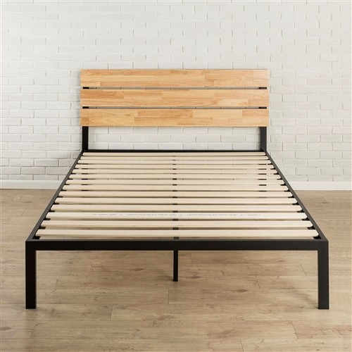 King Size Black Metal Platform Bed Frame with Wood Headboard and Slats