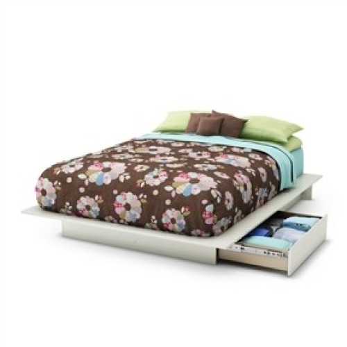 Queen Size White Wood Platform Bed Frame with 2 Storage Drawers