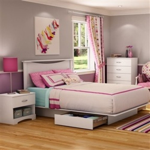 Queen Size White Wood Platform Bed Frame with 2 Storage Drawers