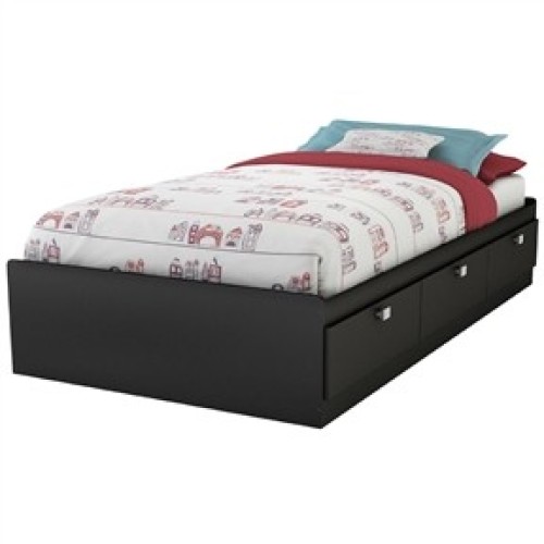 Twin Size Black Wood Platform Bed Frame with 3 Storage Drawers