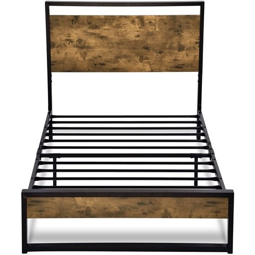 Twin Size Black Metal Platform Bed Frame with Rustic Wood Headboard and Footboard