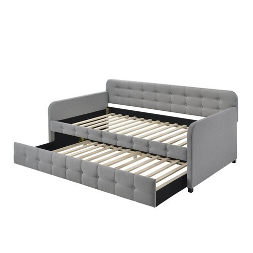 Twin Size Gray Tufted Polyester Upholstered Day Bed Frame with Twin Trundle Bed