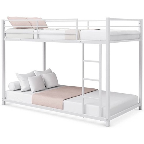 Twin over Twin Size Low Profile White Metal Bunk Bed Frame
