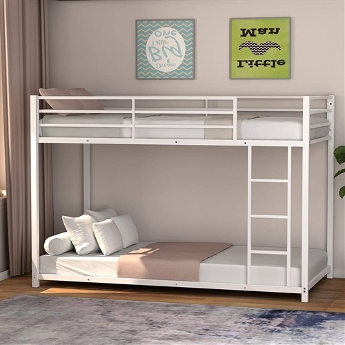 Twin over Twin Size Low Profile White Metal Bunk Bed Frame
