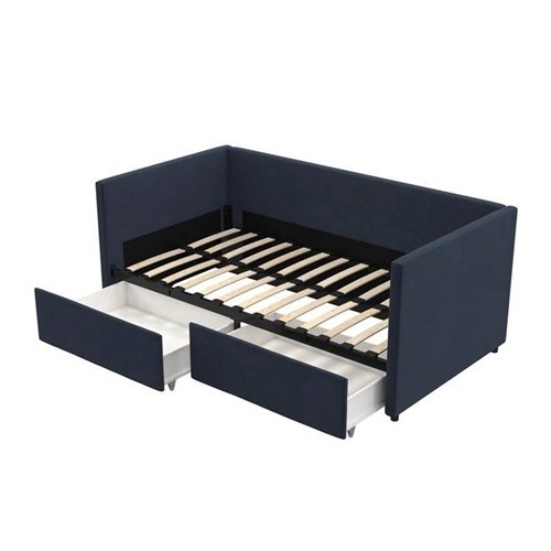 Twin Size Minimalist Navy Blue Linen Upholstered Day Bed Frame with Pull-Out Storage Drawers