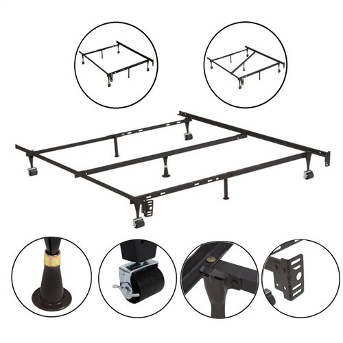 Twin/Full/Queen Size Black Metal Adjustable Bed Frame with Headboard Brackets and Rolling Legs