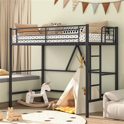 Twin Size Black Metal Loft Bed Frame with Ladder - Space Saving Design