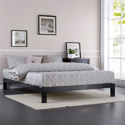 Twin Size 10" Low Profile Black Metal Platform Bed Frame with Wooden Slats and Headboard Holes