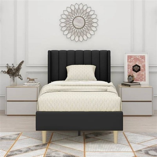 Twin Size Black Upholstered Platform Bed Frame with Headboard