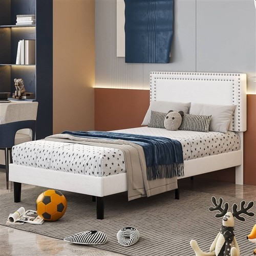 Twin Size White Upholstered Platform Bed Frames with Nailhead Trim Headboard - Set of 2