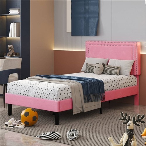 Twin Size Pink Upholstered Platform Bed Frames with Nailhead Trim Headboard - Set of 2