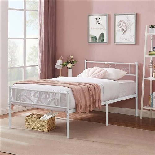 Twin Size White Metal Platform Bed Frame with Headboard and Footboard