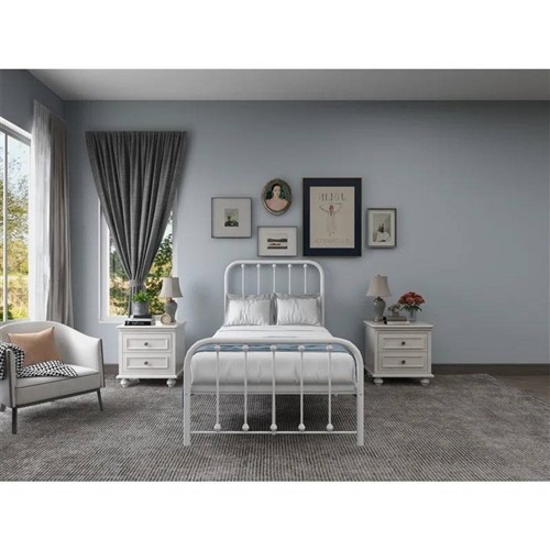 Twin Size White Metal Bed Frame with Rounded Corner Slatted Headboard and Footboard