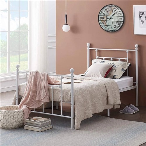 Twin Size Victorian Style White Metal Platform Bed Frame with Headboard and Footboard