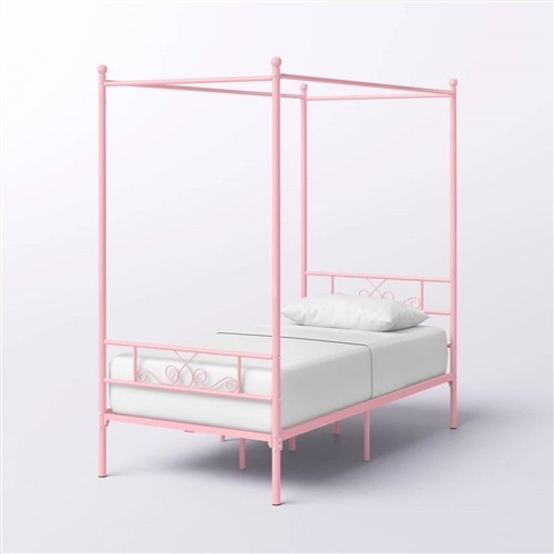 Twin Size Four Poster Pink Metal Canopy Bed