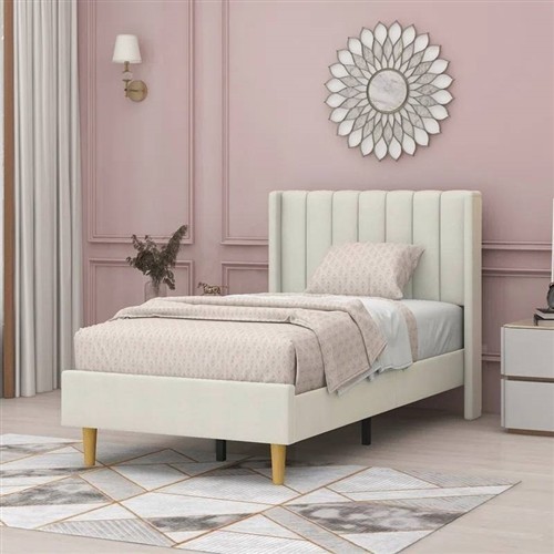 Twin Size Cream Velvet Upholstered Platform Bed Frame with Headboard