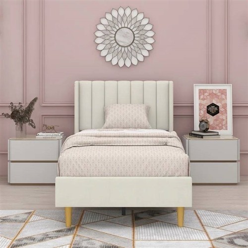 Twin Size Cream Velvet Upholstered Platform Bed Frame with Headboard