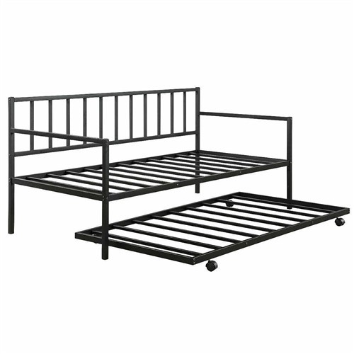 Twin Size Minimalist Black Metal Day Bed Frame with Twin Trundle Bed