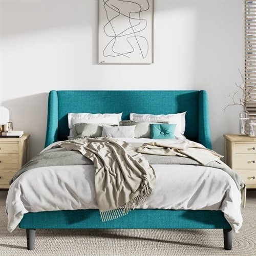 Full Size Turquoise Upholstered Platform Bed Frame with Wingback Headboard