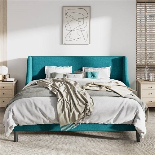 King Size Turquoise Upholstered Platform Bed Frame with Wingback Headboard