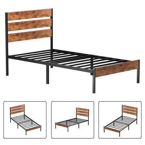 Twin Size Industrial Black Metal Platform Bed Frame with Brown Wood Slatted Headboard and Footboard