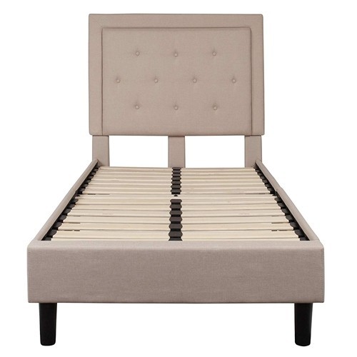 Twin Size Beige Upholstered Platform Bed Frame with Button Tufted Headboard