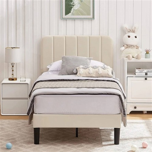 Twin Size Beige Upholstered Platform Bed Frame with Headboard