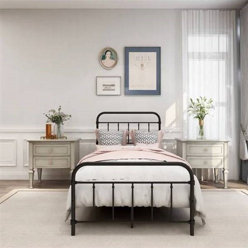 Twin Size Black Metal Platform Bed Frame with Rounded Headboard and Footboard