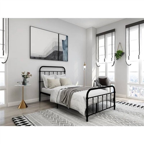 Twin Size Black Metal Platform Bed Frame with Rounded Headboard and Footboard