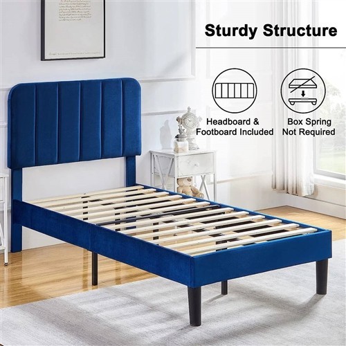Twin Size Blue Upholstered Platform Bed Frame with Headboard