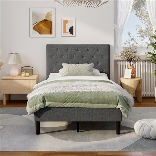 Twin Size Grey Upholstered Platform Bed Frame with Button Tufted Headboard