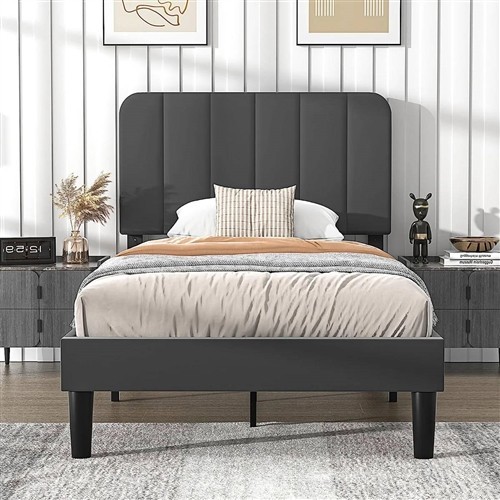 Twin Size Dark Grey Upholstered Platform Bed Frame with Headboard