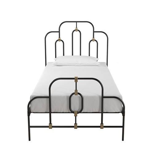 Twin Size Black Metal Adjustable Leg Height Platform Bed Frame with Gold Accents