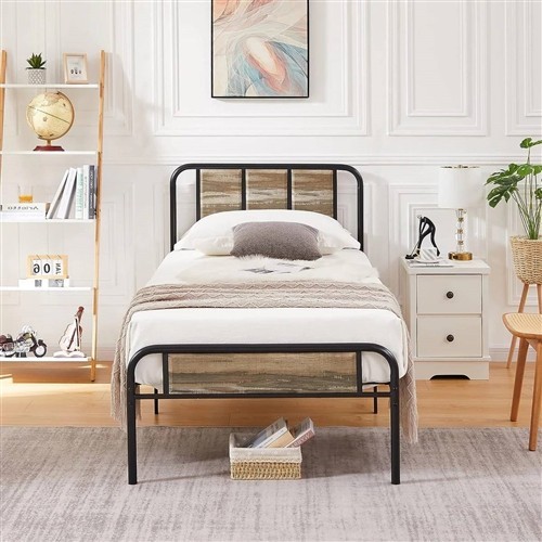 Twin Size Black Metal Platform Bed Frame with Rounded Rustic Wood Headboard and Footboard