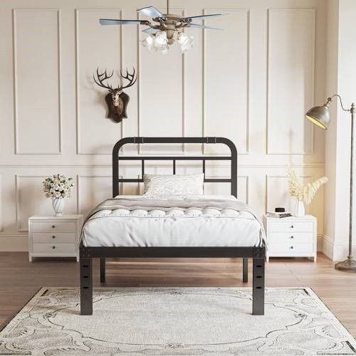 Twin Size Industrial Black Metal Platform Bed Frame with Metal Headboard