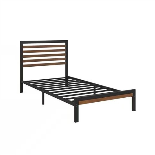 Twin Size Black Metal Platform Bed Frame with Brown Wood Slatted Headboard