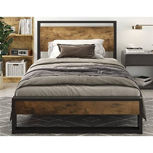 Twin Size Black Metal Platform Bed Frame with Rustic Wood Panel Headboard and Footboard