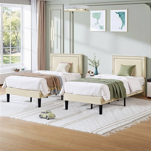 Twin Size Beige Upholstered Platform Bed Frames with Nailhead Trim Headboard - Set of 2
