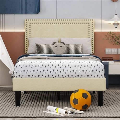 Twin Size Beige Upholstered Platform Bed Frames with Nailhead Trim Headboard - Set of 2