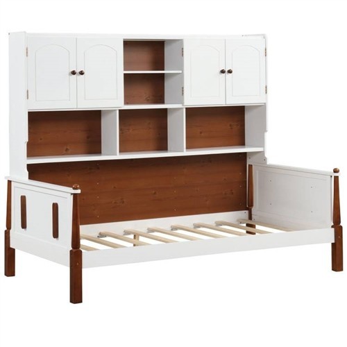 Twin Size Vintage White-Walnut Wood Day Bed Frame with Bookcase/Cabinets