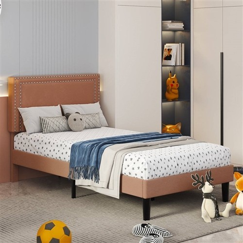 Twin Size Dark Tan Upholstered Platform Bed Frames with Nailhead Trim Headboard - Set of 2